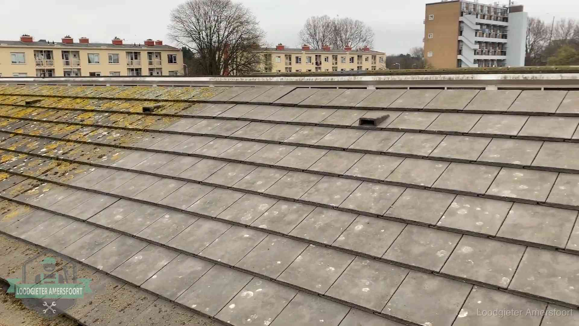 Schuin dak met betonpannen vol mos in Amersfoort, een risico op lekkage bij de pannen